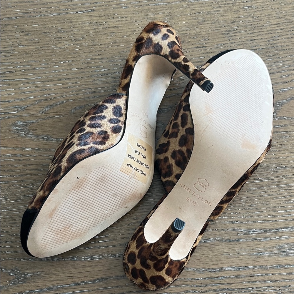 Ann Taylor Calf Hair Leopard Print Women's Mules Black Suede Toe Tip Size 6.5 - Picture 6 of 10